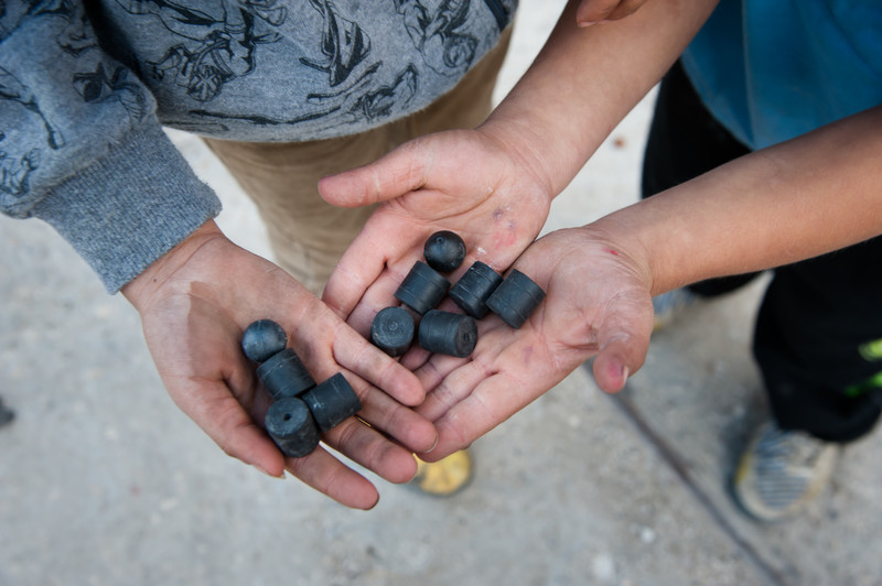 This is the other type of rubber bullet we're familiar with in Palestine. Cylindrical. The gun that fires them (pictured) shoots one at a time. They're more forceful than the spherical ones in last tweet. idk - are people seeing these in the US?