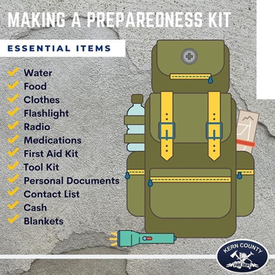 rcchamber's tweet image. Earthquake Kit! A valuable step in preparing for possible emergencies is to assemble a preparedness kit. Put a kit together for your household and make sure everyone knows where it is stored. Thank you @kern_county_fire 
#kerncountyfiredepartment  #disasterpreparedness