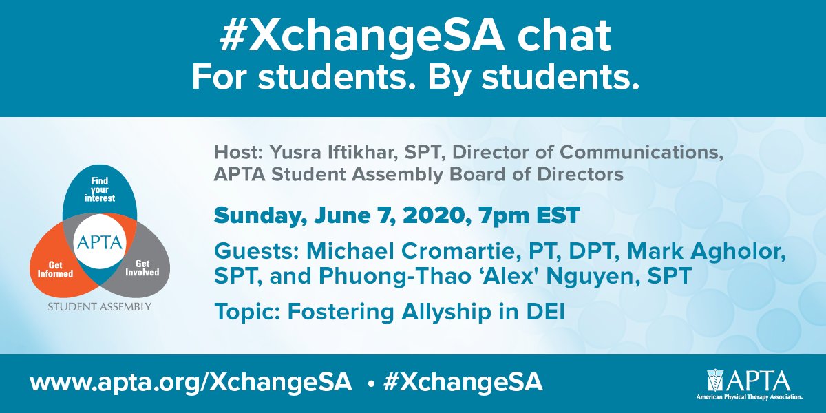 APTAStudents's tweet photo. The June #XchangeSA chat (FB Live interview) is happening THIS SUNDAY

Topic: Fostering Allyship in DEI
[diversity, equity, inclusion]

7 pm est on the @APTAStudents
page

Watch here: https://t.co/AekP153a0g https://t.co/EFrQfMX74s