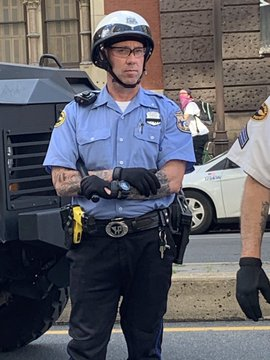 MelissacLozano's tweet photo. It's illegal to have your fucking badge numbers covered. You are a public servant, and you need to be held accountable for your actions.

I don't give a fuck if you're mourning, you can't operate personally when in your uniform. #BLUEFALL https://t.co/jpk5R5E8gf