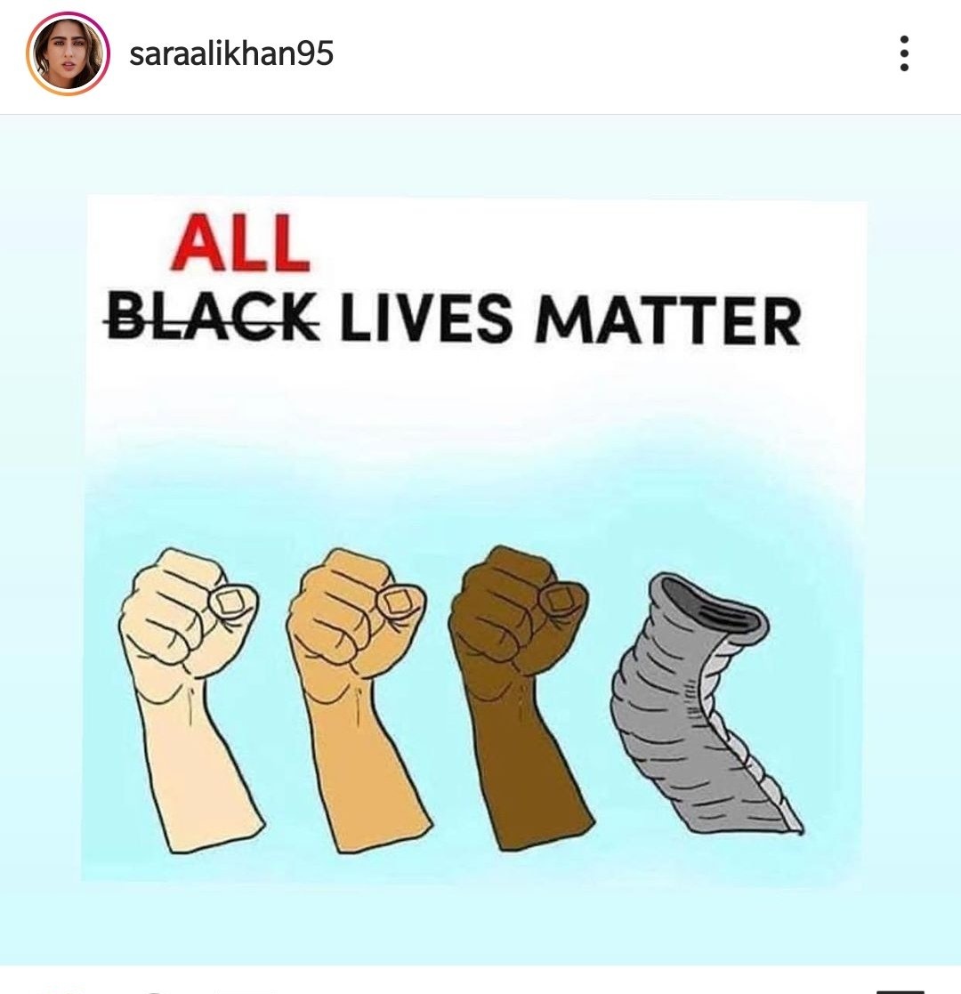 AnkurSingh's tweet photo. Sara Ali Khan wrote All Lives Matter and she was forced to delete the tweet by abusive Leftist Trolls and pressure from Bollywood propaganda lobby.

Nobody from Bollywood came to support Sara because for them only money and propaganda matters. https://t.co/V7hdsgI52c