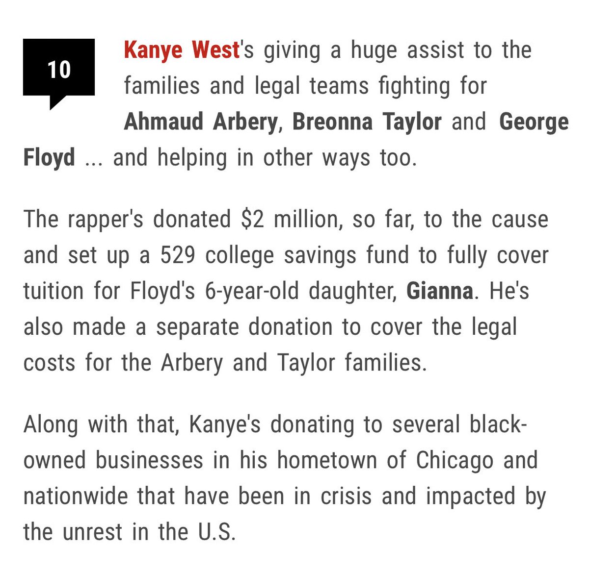 “Why isn’t Kanye speaking?!” He was busy donating $2 million to the families of Ahmaud Arbery, Breonna Taylor, &amp; George Floyd. 

I know y’all embarrassed!