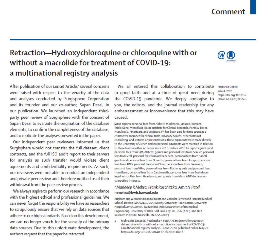 In an important moment for science and data transparency, @thelancet announces that its 96,000 observational study on hydroxychloroquine has been RETRACTED. 

A sad story but an important one. 
hubs.ly/H0r7gh50