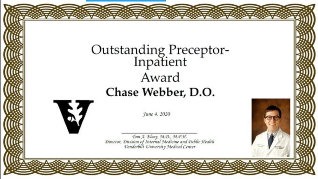Congratulations @chasejwebber ! Very well deserved. Procedure service is so lucky to have you! Many of the residents who rotate through our service have gotten to learn from your OUTSTANDING teaching. Way to go! @VUMCHospitalMed