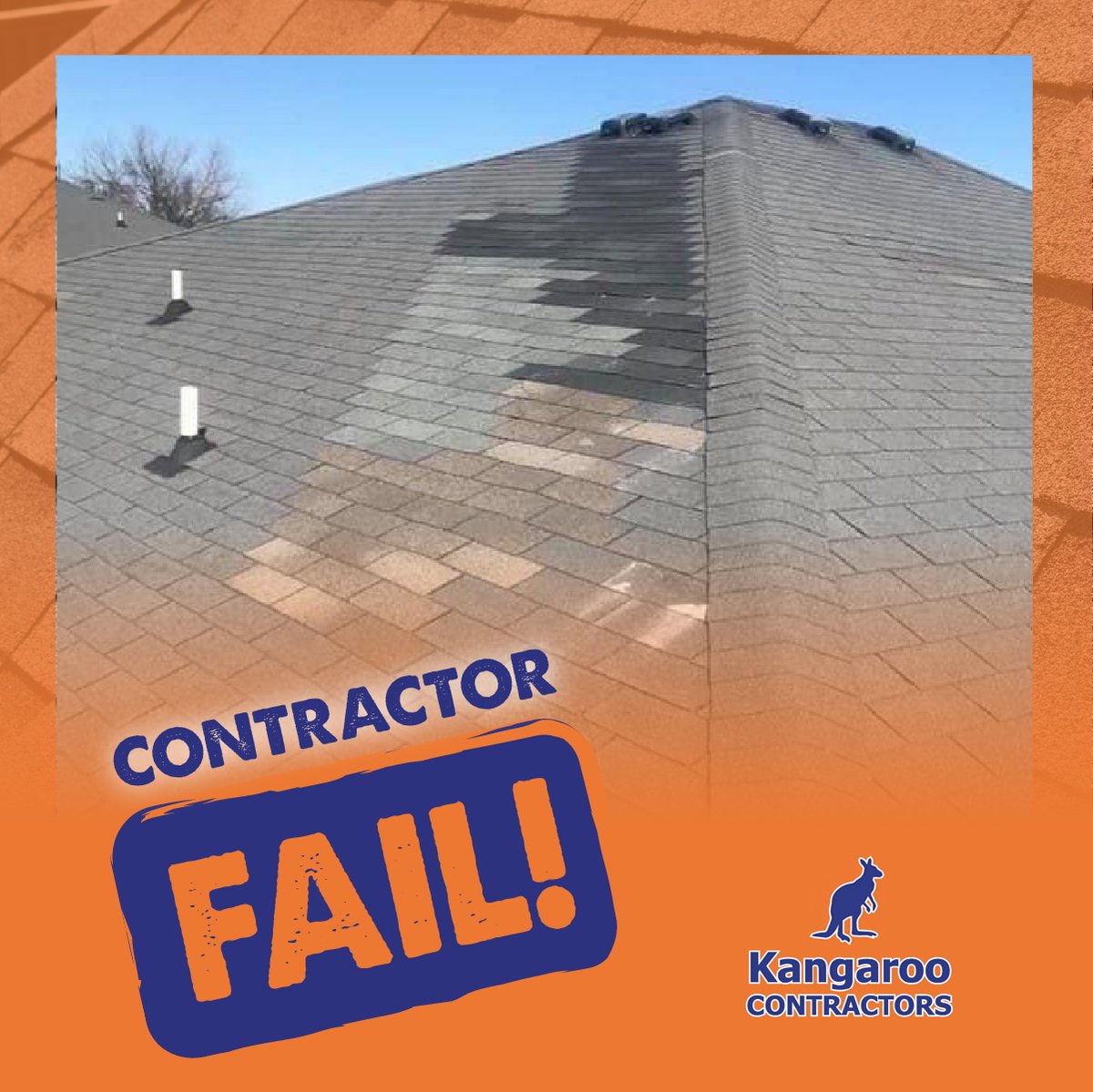 KContractors's tweet photo. #ContractorFail: Don't call Chuck in a Truck for your next Roof Repair who will use leftovers from other jobs! Call us today and we will only use the same type and color of shingles so your repair isn't so obvious!

#ContractorFail #Roofers #RoofingRepair #KangarooContractors https://t.co/v990I11mvU