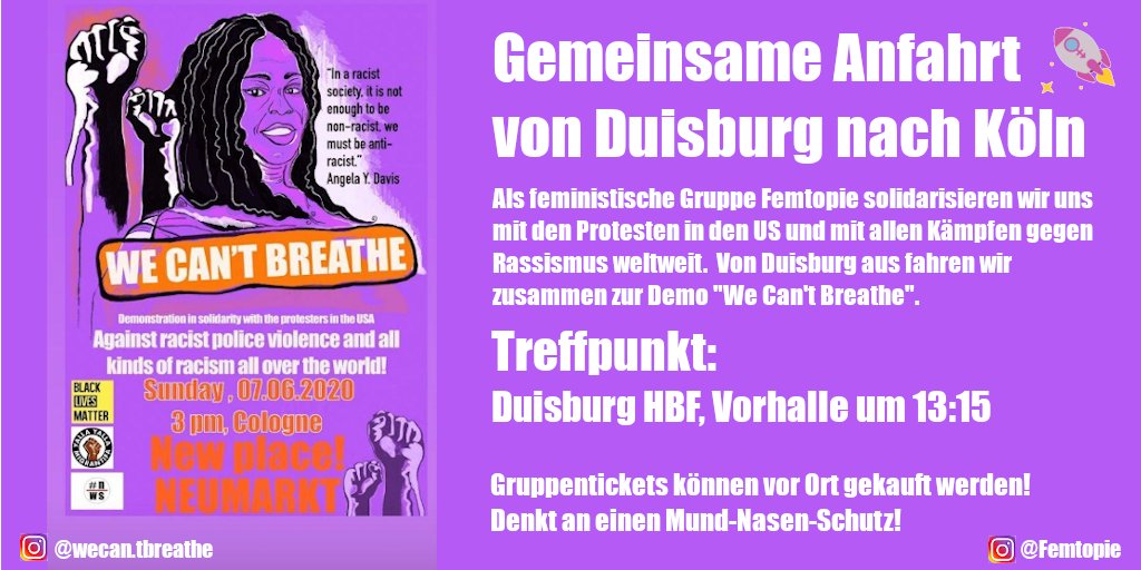 GEMEINSAME ANREISE VON DU NACH KÖLN: Treffpunkt ist um 13:15, Vorhalle Duisburg HBF. Kommt mit Mund-Nasen-Schutz, &amp; 15,20 Euro für Gruppentickets wenn nötig. Spendet hier um Menschen die Fahrt zu ermöglichen: t1p.de/681r
#BlackLivesMatter #BlackLivesMatterKöln