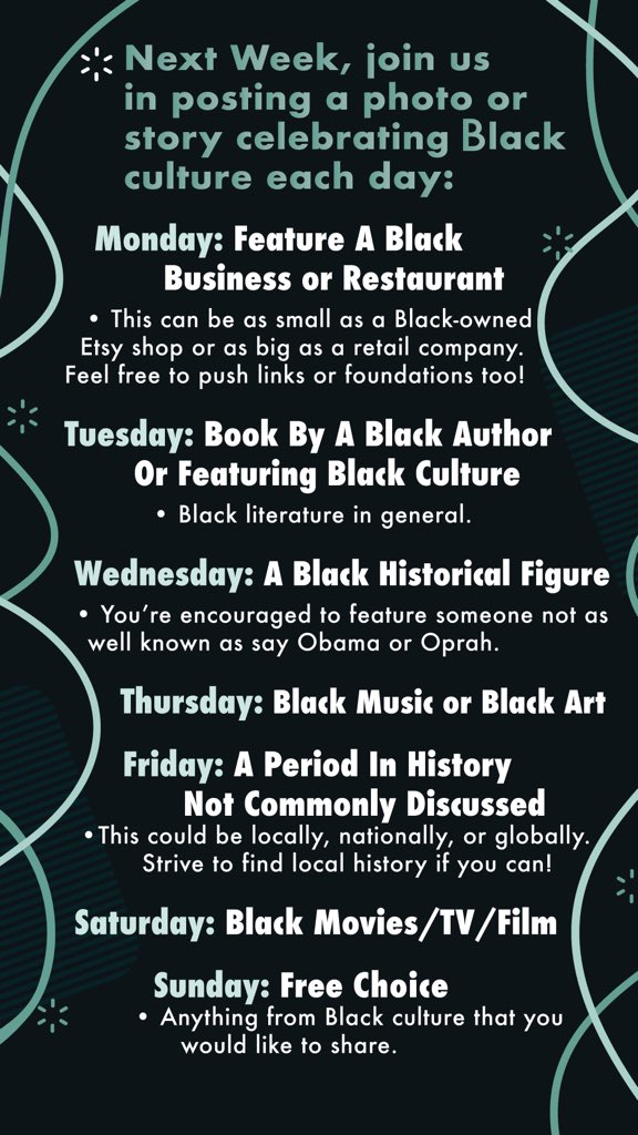 Next week, I and many others have decided that instead of going dark, like #blackoutuesday, we would share an abundance of Black culture on our feeds that others can possibly learn about and gain experiences from. It’s a small gesture, but if you’re interested please join us!