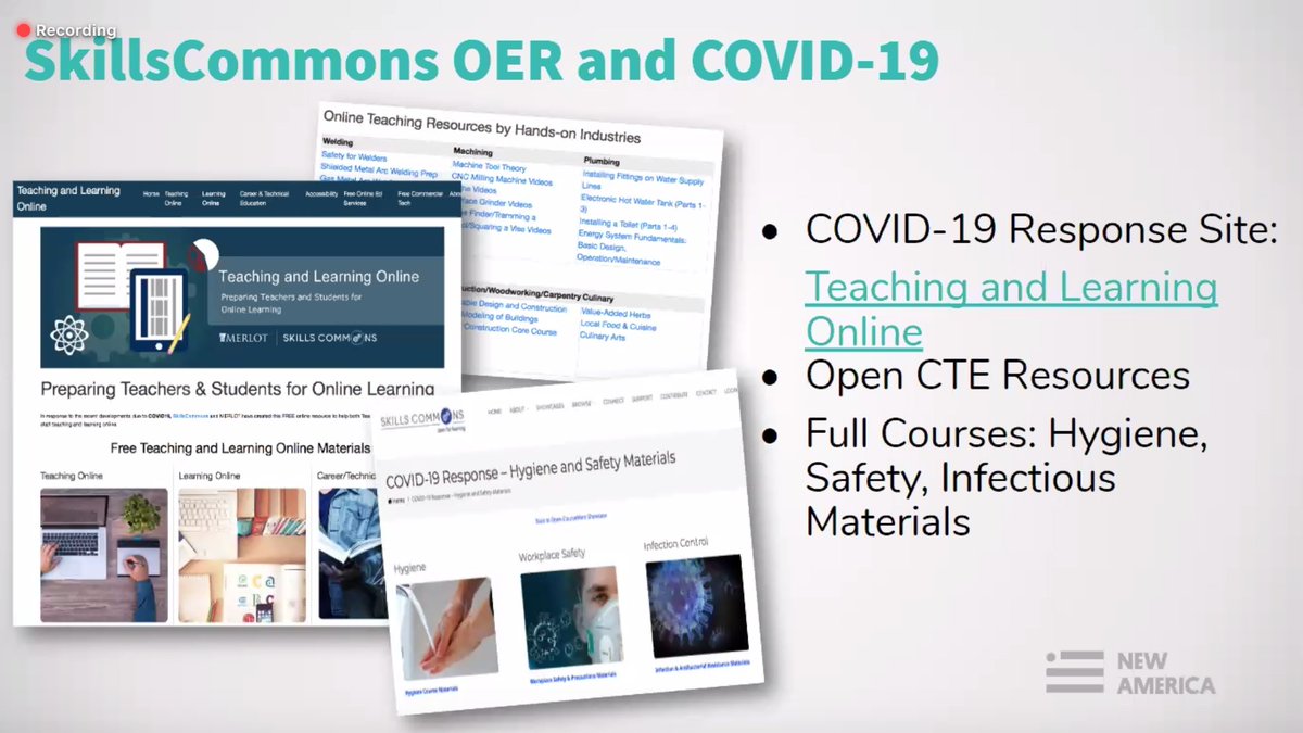 NewAmericaEd's tweet photo. On a webinar happening now, #communitycollege leaders are sharing online resources for others to use during #covid19 online learning and more. "These materials are free to download and revise as needed." #CConline https://t.co/ndlTegZUSU