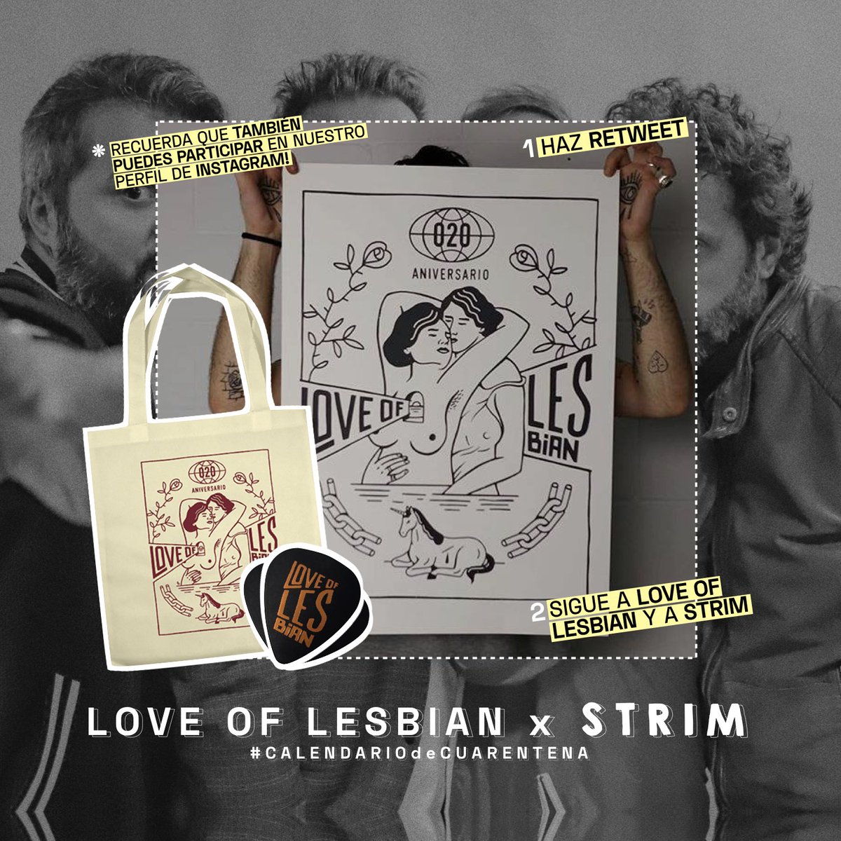 S O R T E O ! 🎩🖖🏽 Despedimos #CalendarioDeCuarentena con un pack especial del 20 aniversario de LOL firmado.

¿Quieres ganar la serigrafía, la totebag y el set de púas?

🔄 Haz RT.
✅ Sigue a <a href="/loveoflesbian/">Love of Lesbian</a> y <a href="/strim_com/">STRIM</a>.

¡Participa también en IG!
▶︎ instagram.com/p/CBBjv1Jj8w5/…