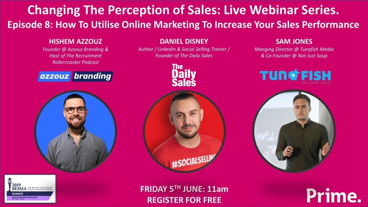 Tomorrow morning I'm speaking on @worldofprime's event about personal brand. It's free, you've also got the king of recruitment podcasts <a href="/HishemAzzouz/">Hishem Azzouz</a> and <a href="/thedandisney/">Daniel Disney</a>   who has a sales book which is smashing it:

11am. Free: 

us02web.zoom.us/webinar/regist…