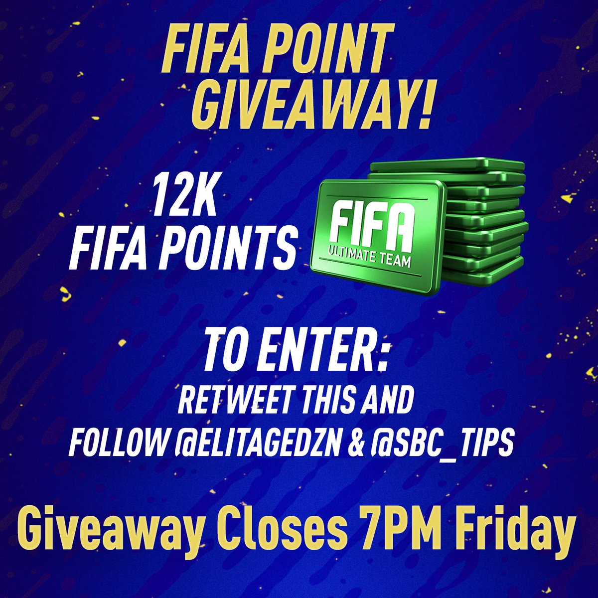 🚨 Stonking Giveaway 🚨

12,000 FIFA Points.

Closes tomorrow at 7pm for the Ultimate Team of the Season!

To Enter is Simple

1️⃣ Retweet

2️⃣ Follow:

<a href="/sbc_tips/">SAF Cal</a> 
<a href="/ElitageDZN/">ElitageDZN</a> 

We wish you the best of luck 🤞