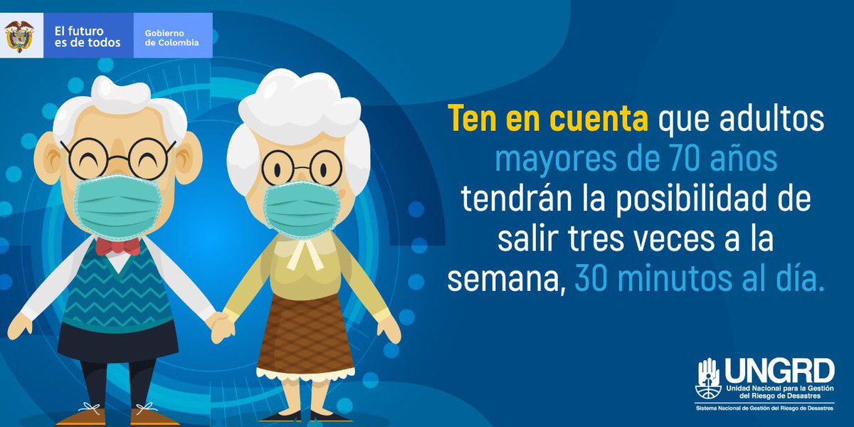 El Gobierno Nacional extendió la cuarentena obligatoria para adultos mayores de 70 años hasta el 31 de agosto. Sin embargo, esta población tendrá algunos espacios para realizar actividades al aire libre. #PrevengamosElCoronavirus