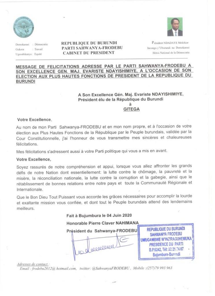 CnddFdd's tweet photo. #Burundi: Après la décision de la Cour Constitutionnelle, le Parti @SahwanyaFRODEBU félicite le Président élu G-M Evariste Ndayishimiye (@GeneralNeva) pour un mandat de 7 ans (2020-2027). Ce Parti lui assure de son appui dans la réalisation du programme politique vainqueur. https://t.co/3e7YieFfun