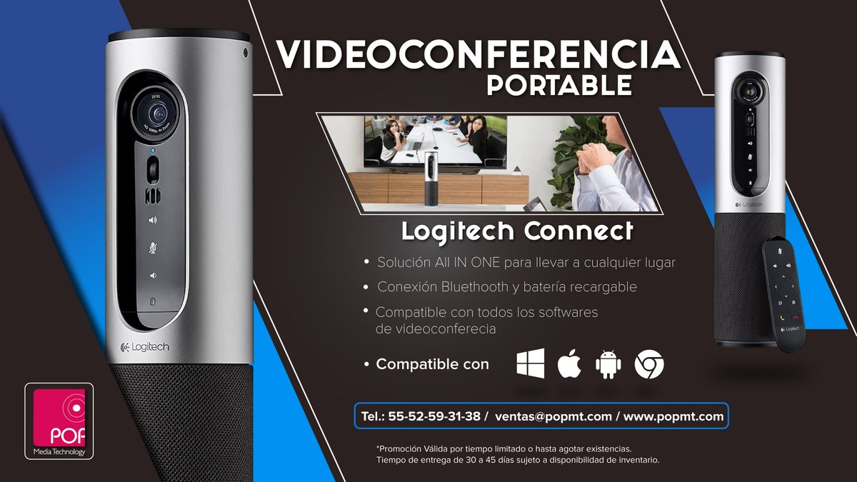 PopMediaT's tweet photo. Videoconferencia Portable con Logitech Connect. Solución todo en uno para llevar a cualquier lugar con conexión Bluetooth y batería recargable. Compatible con todos los softwares de videoconferencia.
#SanaDistancia #HomeOffice #RemoteOffice https://t.co/JSwm2dvSn1