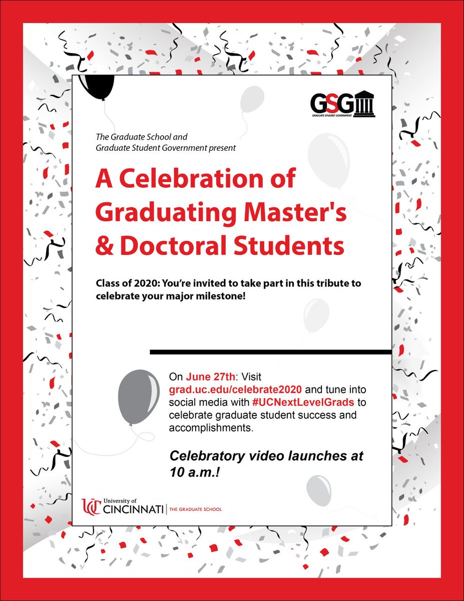Spring 2020 grads: We are working on a graduation gift to recognize your achievements &amp; hard work! On 6/27, a video tribute will be available at grad.uc.edu/celebrate2020. To partake, submit the form &amp; include a special photo, quote, and/or milestone! Form: bit.ly/2X8ugNT