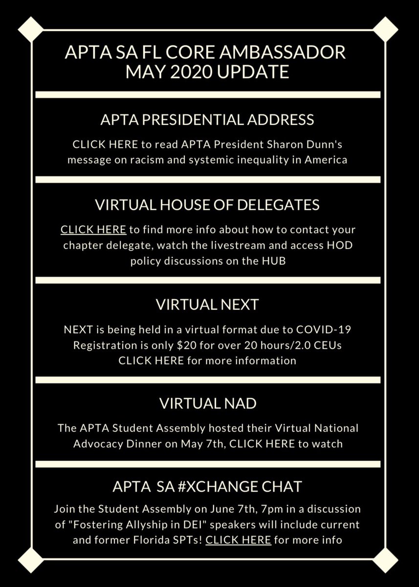 Florida_CA's tweet photo. Here’s the May FL CA update. Please draw special attn to the last item listed for the @APTAStudents #XChange chat on an extremely important topic. The flyer with hyperlinks is available here: https://t.co/abGNxzZHxv https://t.co/ZRFI7U2pkx