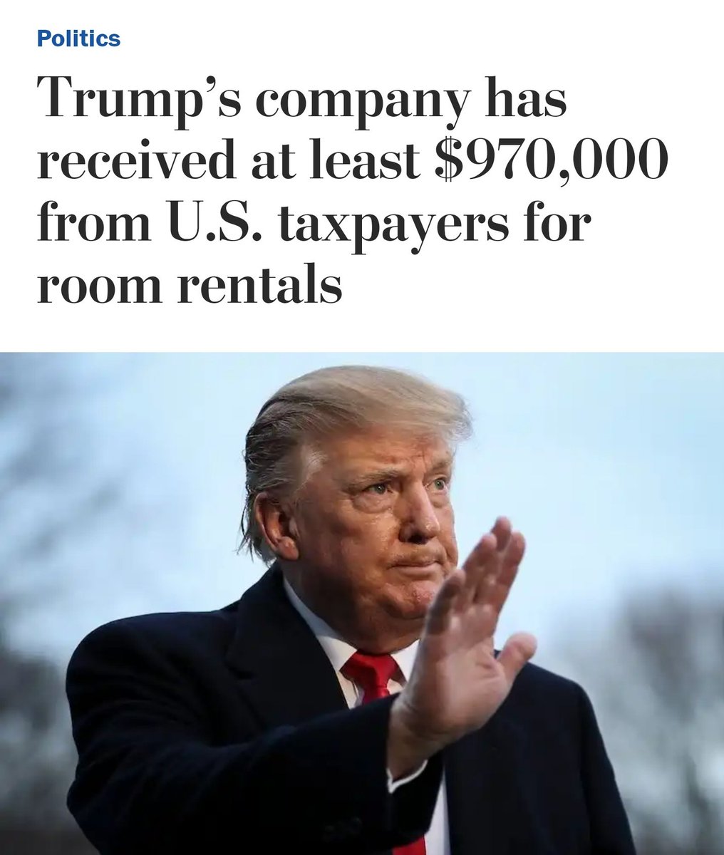 - Looted taxpayer money for personal profit  https://www.washingtonpost.com/politics/trumps-company-has-received-at-least-970000-from-us-taxpayers-for-room-rentals/2020/05/14/26d27862-916d-11ea-9e23-6914ee410a5f_story.html