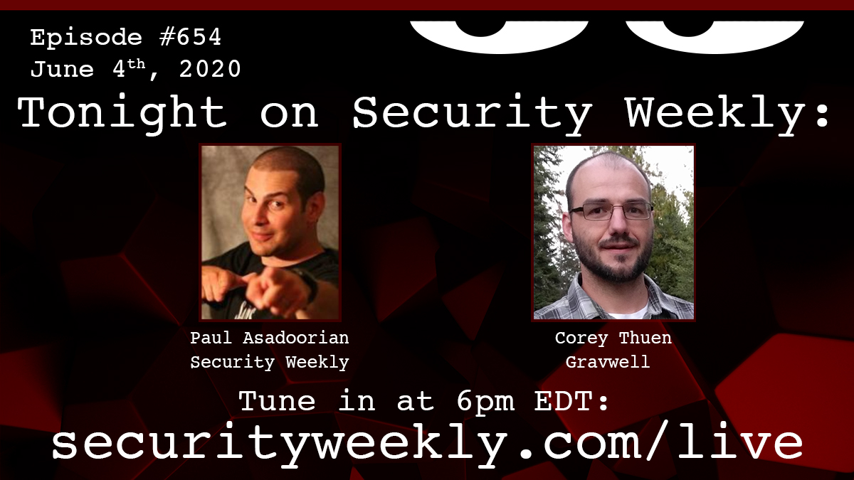 securityweekly's tweet photo. Here's the update for tonight's #SecurityWeekly! First we deliver a #TechnicalSegment, then @CoreyThuen of @gravwell_io joins us, & we wrap up w/ #SecurityNews! Tune in LIVE @ https://t.co/Yn8p3pKwRO @ 6 p.m. EDT tonight! https://t.co/Z13tNTTbvb