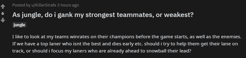 tryhardergg's tweet image. [#LeagueOfLegends] Good players will find a way to get back in the game. Bad players won't. In solo queue, play towards your stronger lanes to keep the pressure on. A bad player that falls behind stays behind. Play towards your team's strength.

Source: reddit.com/r/summonerscho…