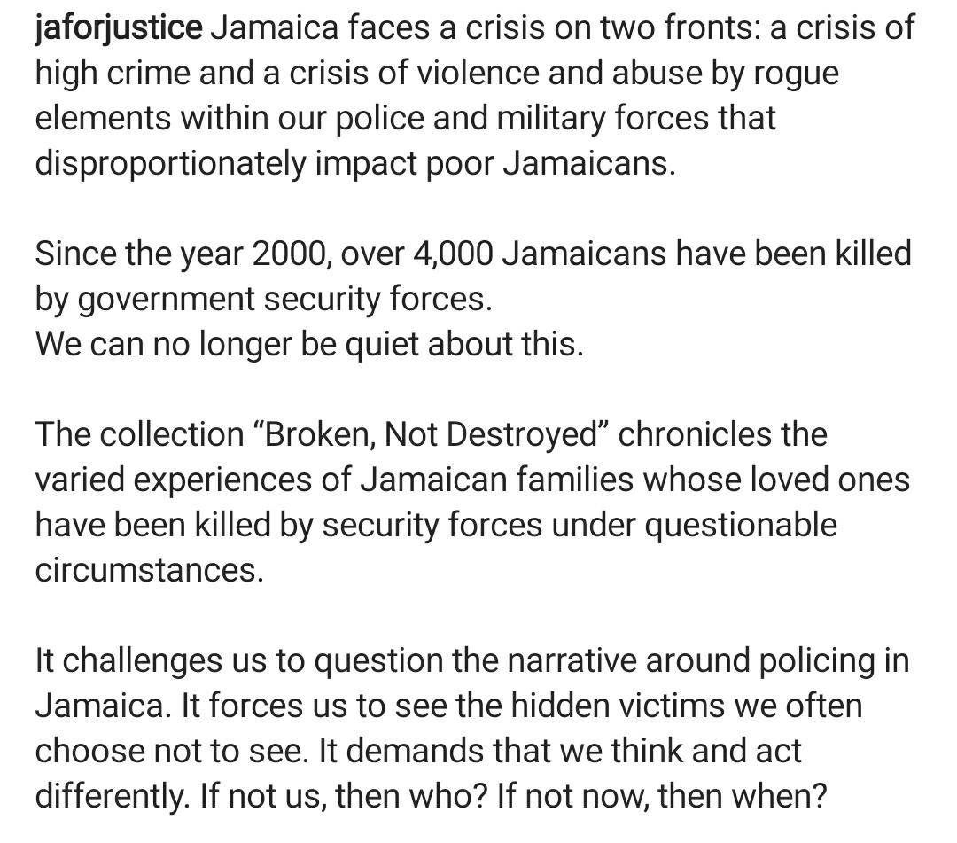 JAForJustice's tweet photo. The collection #BrokenNotDestroyed chronicles the varied experiences of Jamaican families whose loved ones have been killed by security forces under questionable circumstances. 
 
 #WehDiJusticeDeh #PoliceBrutality #StateViolence https://t.co/UUSDFUSe7V
