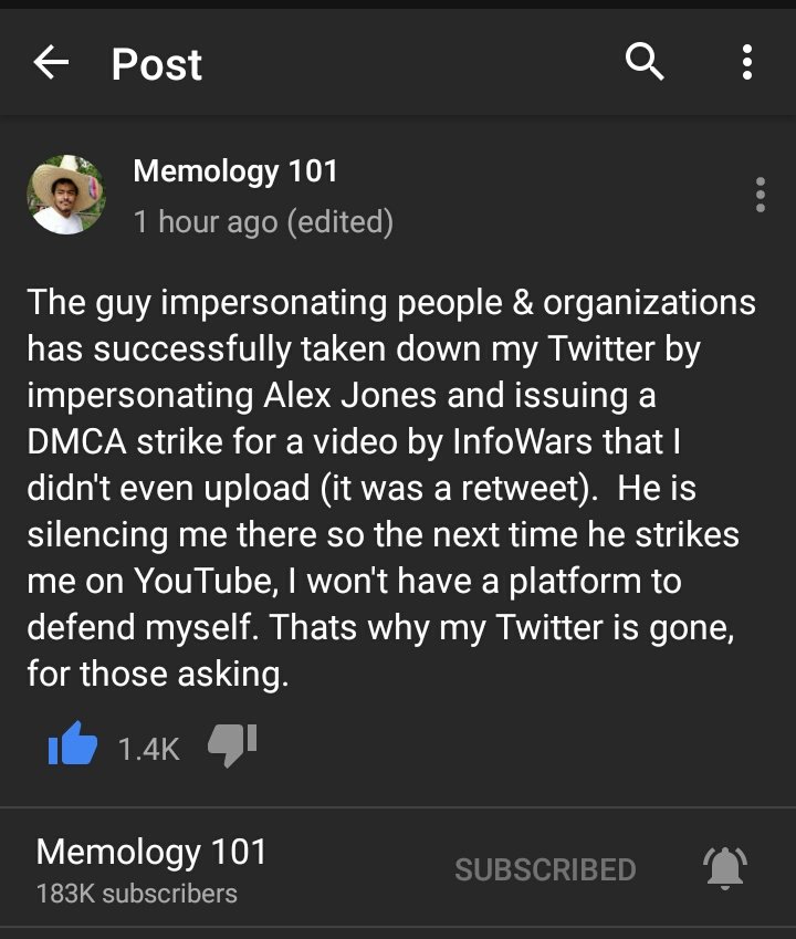 Patrick_1100's tweet image. Please retweet and share this. Memology 101's Twitter got taken down by the person impersonating people and businesses so Memology can't defend himself next time this person strikes him.