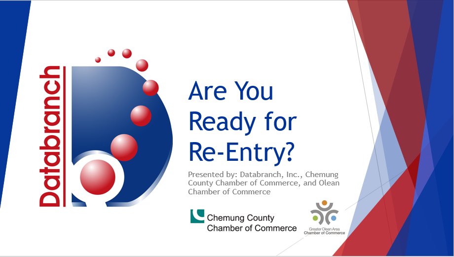 Databranch's tweet image. Did you miss our &quot;Are You Ready for Re-Entry?&quot; webinar last week with the Chemung County Chamber of Commerce and Olean Chamber of Commerce? 

Check out the recording here: youtube.com/watch?v=5Oasbj…