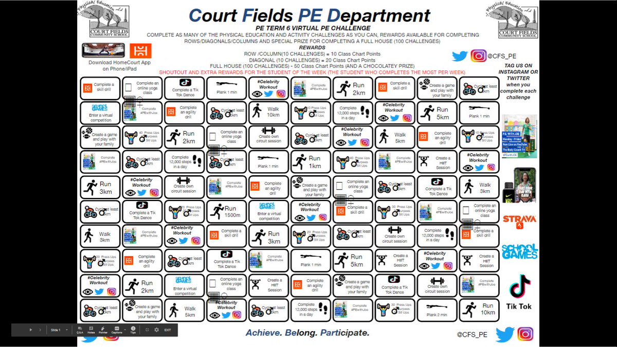 CFS_PE's tweet photo. Court Fields Term 6 Virtual PE Challenge. 
Students have the opportunity to earn lots of rewards by completing rows, columns, diagonals of the challenge grid below- will anyone complete all 100?? Full details (including grid) have been emailed to students and also on Classcharts. https://t.co/MK3mk55JeM