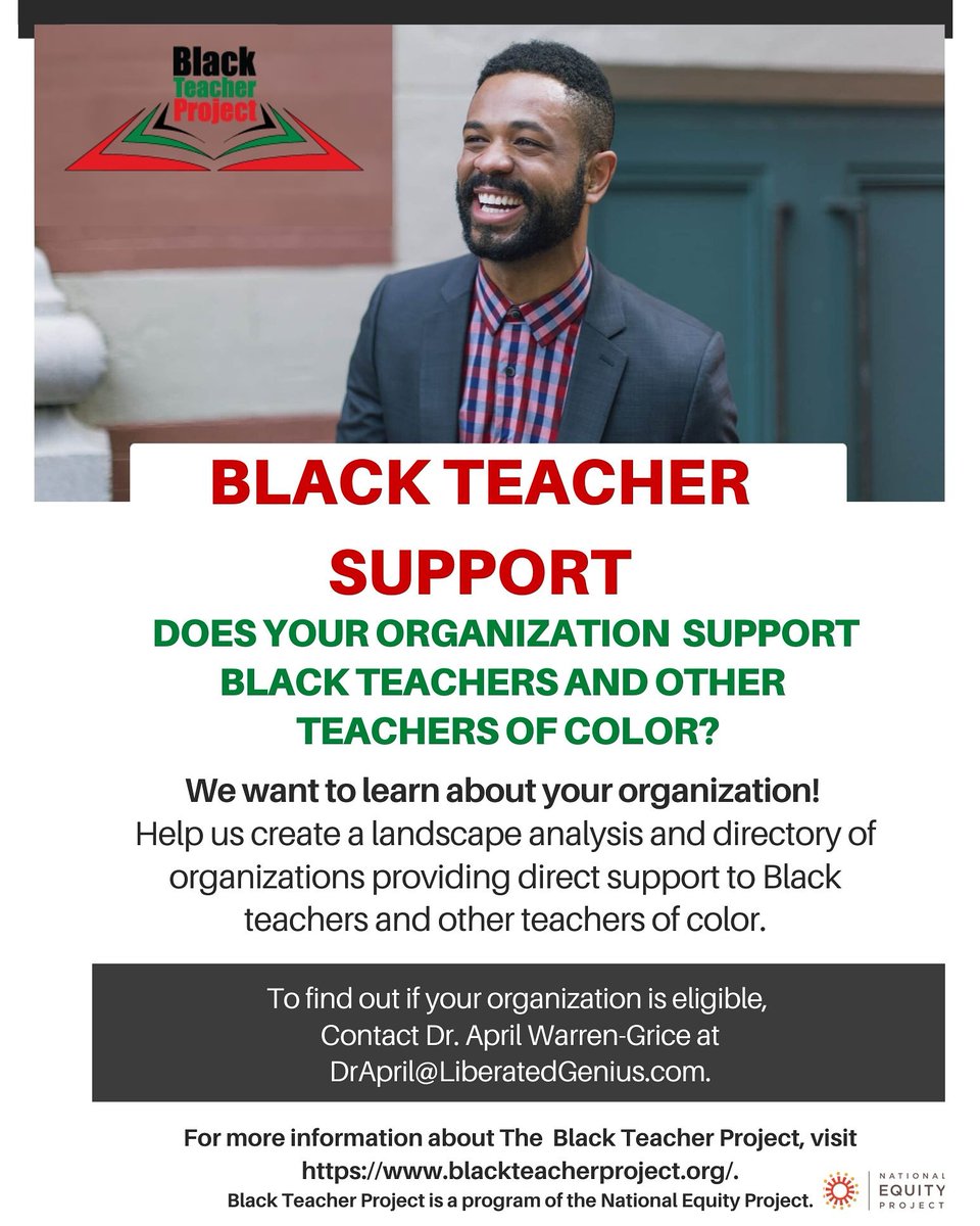 AprilWarrenG's tweet photo. Who's supporting #BlackTeachers #BlackEducators #TeachersOfColor #EducatorsOfColor?
#SocialJustice #Equity #Diversity #Inclusion #DiversityAndInclusion
#TeacherEducation
#TeacherRecruitment
#TeacherRetention #EducationalEquity
#BlackTeacherProject
#NationalEquityProject https://t.co/Q6nBEPEuNz