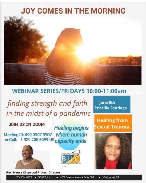GBAPPINC's tweet image. Join us tomorrow morning at 10am for our weekly webinar “Joy Comes in The Morning”. Our guest speaker for tomorrow is Priscilla Santiago, and she will be talking about how to deal with Sexual Trauma. #sexualtrauma #gettinghelp #guidance #joycomesinthemorning