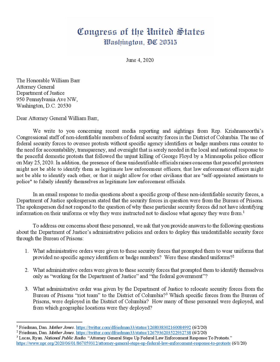 SenWarren's tweet photo. There is no justice in @TheJusticeDept when the Attorney General of the United States uses an unidentifiable and unaccountable police force to respond to peaceful protests for Black lives. @CongressmanRaja, @RepJeffries, @SenBooker and I are demanding answers from AG Barr. https://t.co/Jwh2zrk1pF