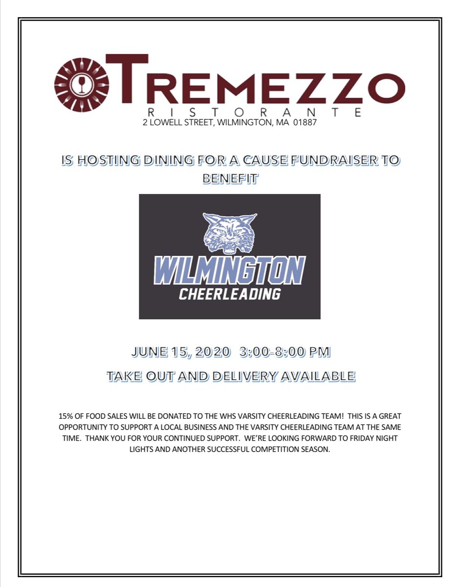 WHSCheerCats's tweet photo. 🗓Monday, June 15
⏰ 3:00-8:00 PM
🍝 Tremezzo Ristorante Dining for a Cause for WHS Cheer 🐾💙 https://t.co/5ibjV52m0k