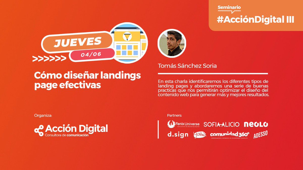 accion__digital's tweet photo. En breve comienza una nueva jornada de la tercera edición del Seminario #AcciónDigital. Hoy, @Tomi_SS compartirá algunas claves para diseñar landings page efectivas 🚀 https://t.co/rFjAAU4kRa