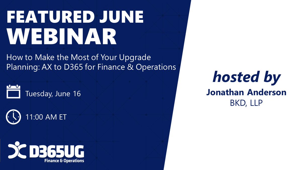 D365UGFO's tweet image. Are you considering embarking on an upgrade journey to #MSDyn365FO? If so, join Jonathan Anderson, solution architect, for his #D365UGFO webinar on June 16 to hear about lessons learned and best practices he discovered during his company's upgrade: 
hubs.ly/H0r2w1K0