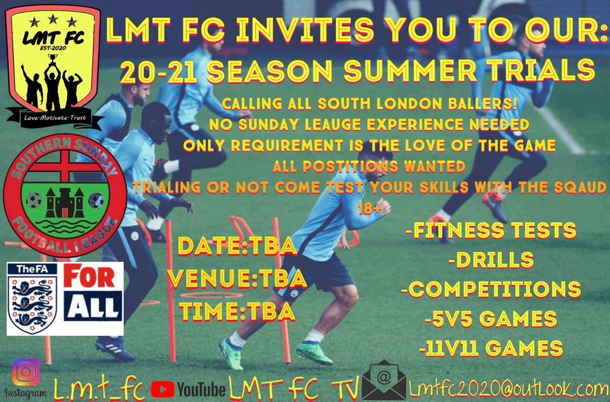 A New Sunday League Team Coming Next Season... ⏳⚽️
So if you’ve been out of the game for a few years and always wanted, or thought about coming back to play Sunday League this is definitely an opportunity that suits you.
For any enquires DM <a href="/l/">I have but one letter. It is L</a>.m.t_fc on Instagram.