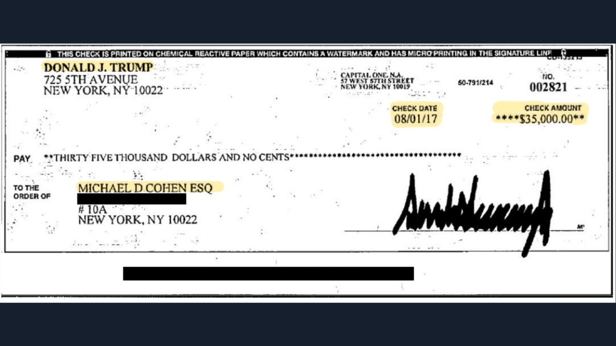 - signed hush money checks, months after entering the White House, to keep a porn star quiet about an alleged affair they had while his third wife nursed his fifth child