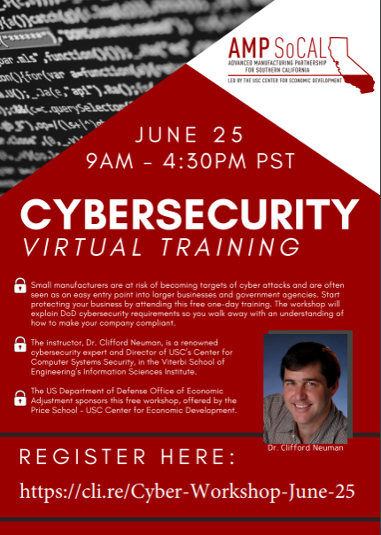 AMP_SoCal's tweet photo. Less than two weeks left until our FREE cybersecurity workshop! Register today using the link below:
https://t.co/iVtM7ECcSI
#cybersecurity #ampsocal #workshop #dod #training #advancedmanufacturing https://t.co/hWWrDUceBt