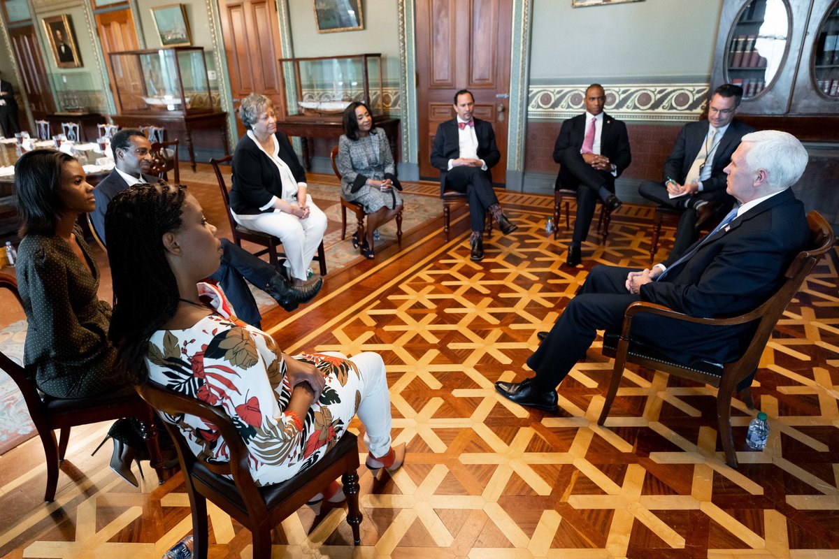 Mike_Pence's tweet photo. Grateful to meet with @KayColesJames, @StarParker, @ElroySailor &amp; others at the @WhiteHouse today to hear their insights about how we can move our Nation forward in the wake of the tragic death of George Floyd and the protests and rioting that have ensued. https://t.co/PtpjUFbahW