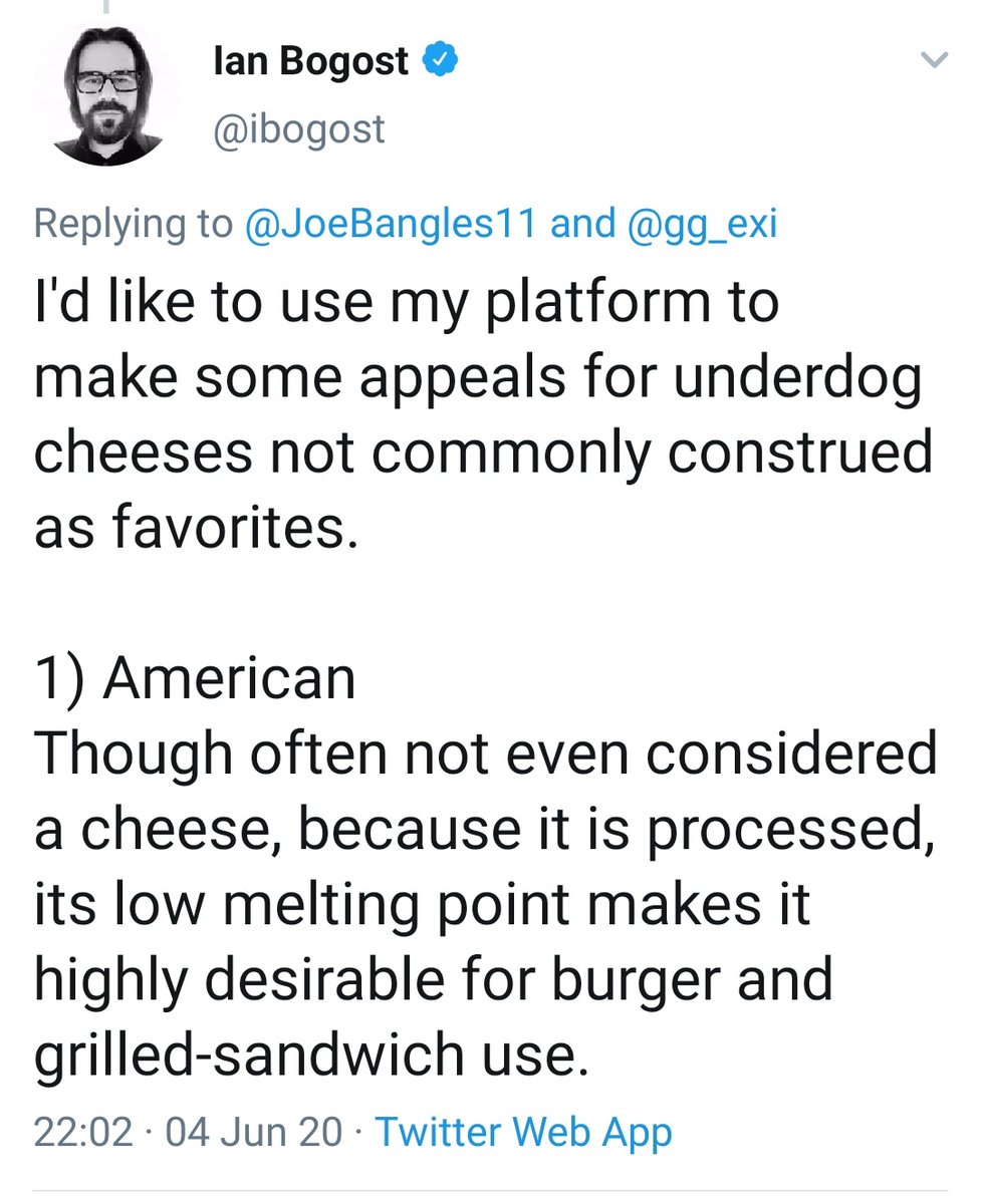 Thank you to the amazing  @ibogost for your detailed analysis of your top underdog cheeses.Well thought out and articulately put,  #NationalCheeseDay is a better place for having you around sir. 