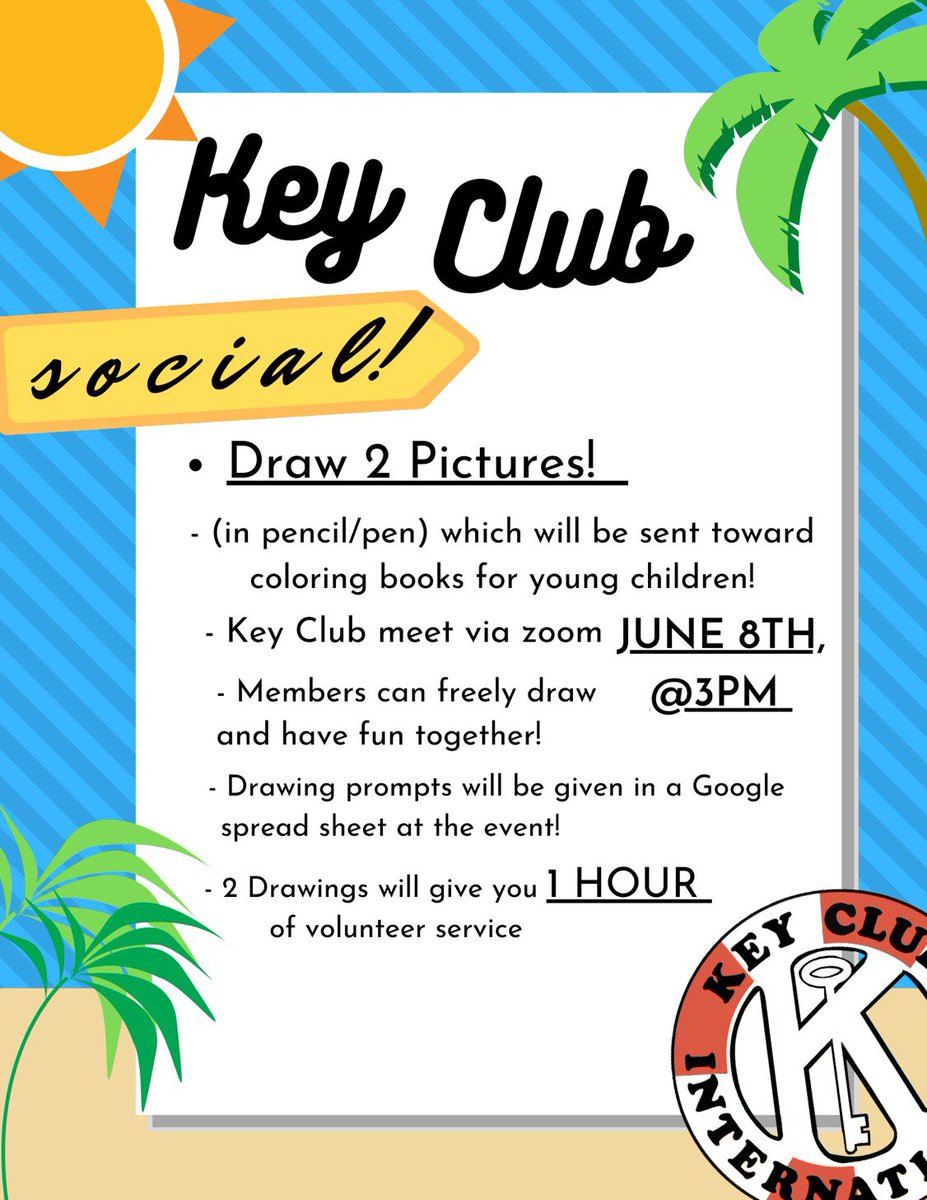 NGHS_KC's tweet photo. Hey Key Club ! We have a Summertime online social planned ! Check the flyers out for information !
(Coming to this Social gives an hour 👀) https://t.co/DkpJ1xFckd