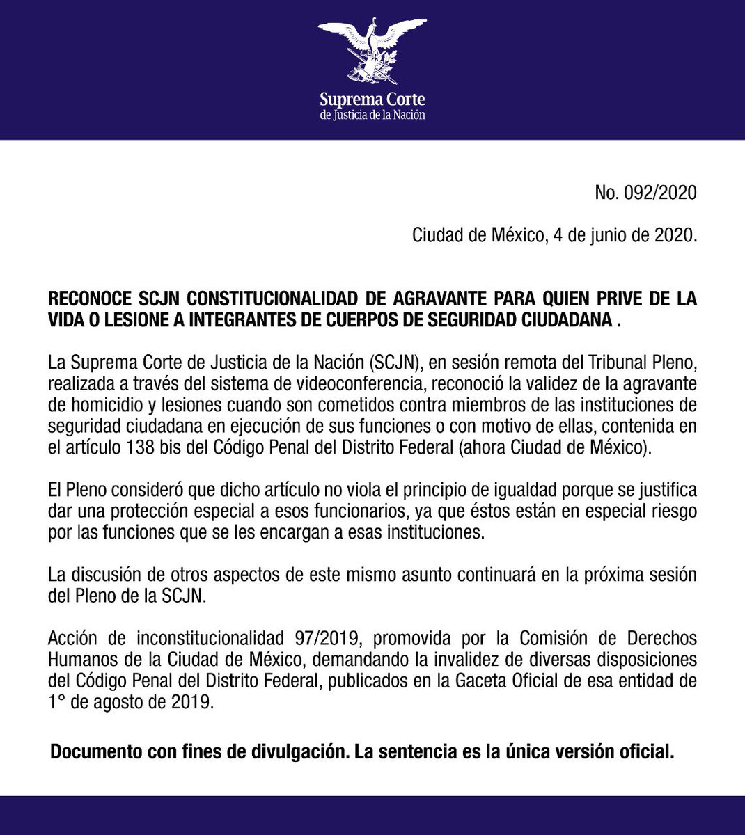 SCJN's tweet image. Es válida la agravante de homicidio y lesiones cuando se comete contra integrantes de cuerpos de seguridad ciudadana en funciones. No se viola principio de igualdad ya que se justifica dar una especial protección a esos funcionarios.