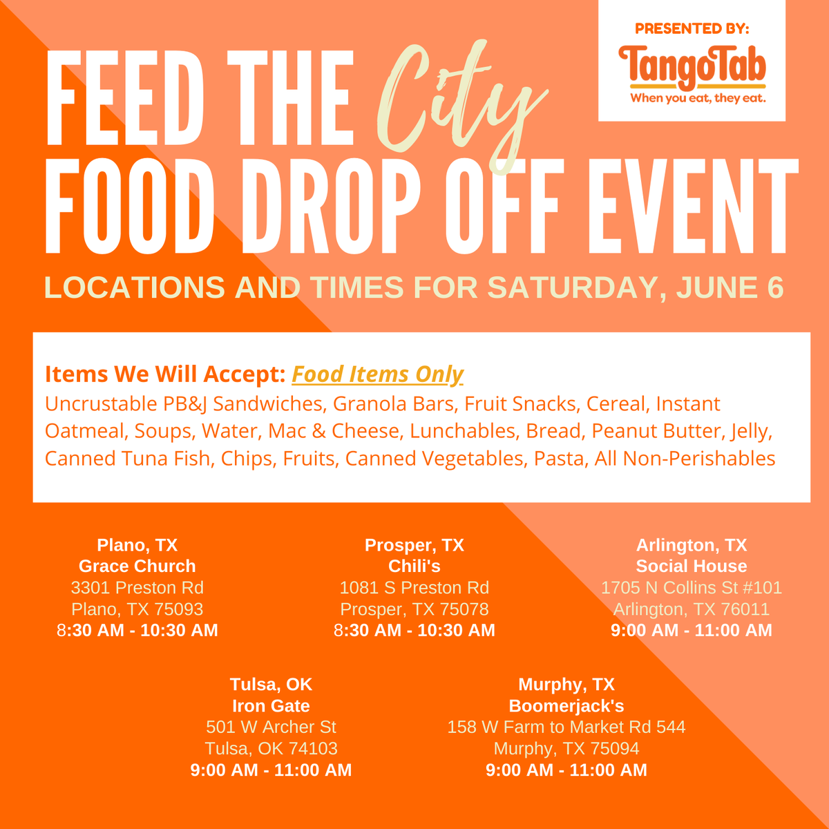 THIS SATURDAY! We are back with FIVE Feed The City Drop Off Events!!!