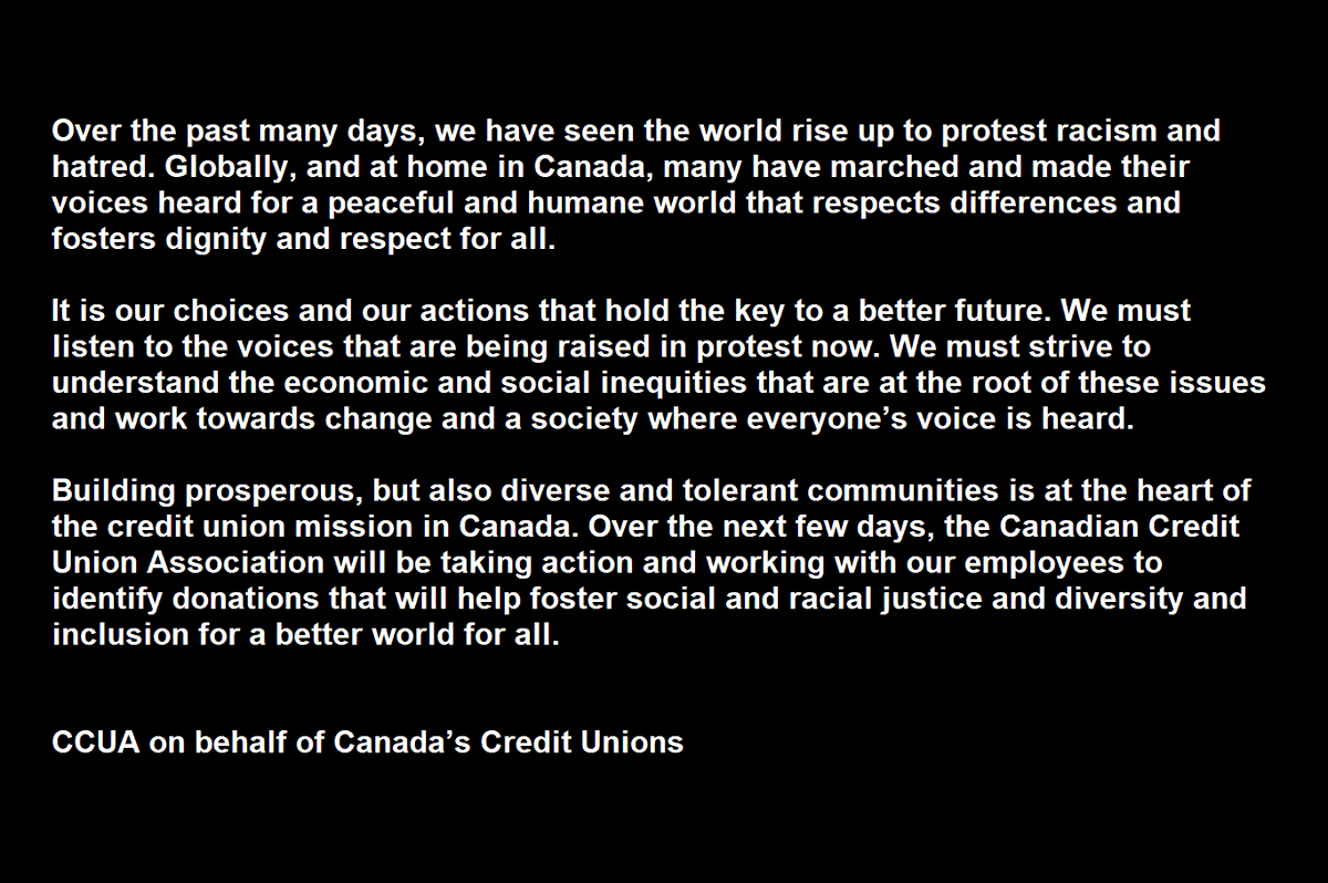 CCUA_ACCF's tweet photo. Building prosperous, diverse and tolerant communities is at the heart of the credit union mission in Canada. CCUA will work with our employees to identify donations that will help foster social and racial justice, and diversity and inclusion for a better world for all. https://t.co/uZtxH8UFkG
