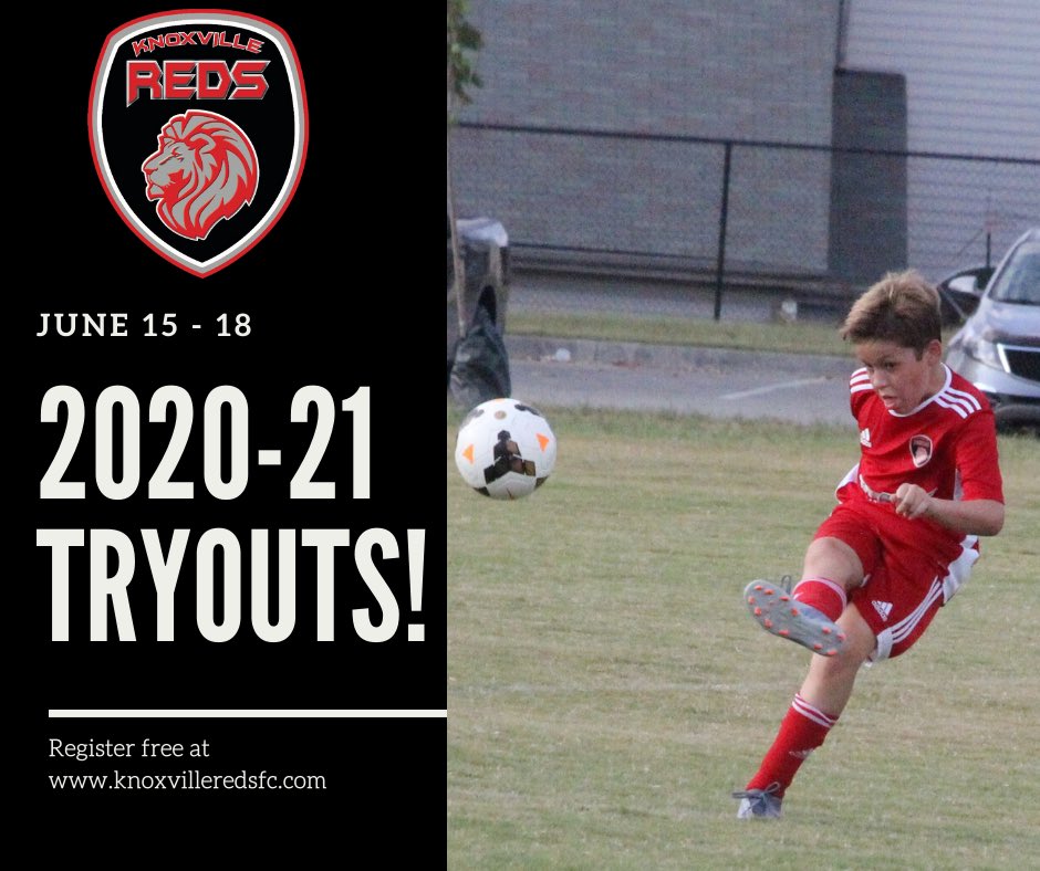 2020-21 boys &amp; girls competitive #soccer tryouts June 15-18 at Victor Ashe. Register free at Knoxvilleredsfc.com &amp; see age groups times &amp; days. #knoxvillesoccer #knoxredsfc