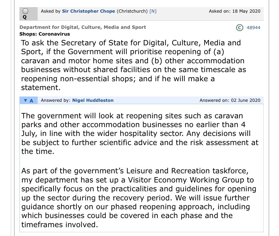 ENGLAND 🏴󠁧󠁢󠁥󠁮󠁧󠁿 ‘government will look at reopening sites such as caravan parks..no earlier than 4 July..subject to..scientific advice 

..will issue further guidance shortly on our phased reopening..inc which businesses could be covered in each phase &amp; timeframes involved’ ⁦⁦