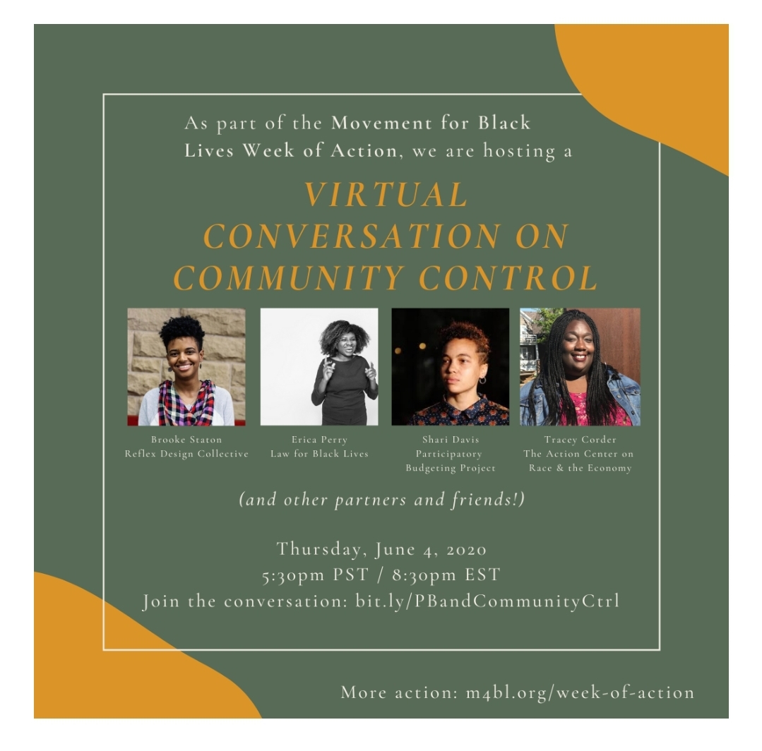 ReflexDesignC's tweet image. TODAY: Join our Co-founder Brooke Staton,
@Shari_Davis1, Erica Perry, and Tracey Corder for a conversation about community self governance for the @Mvmnt4BlkLives Week of Action. #BlackLivesMatter