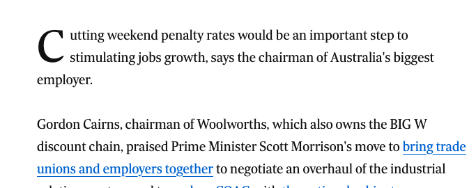 BernardKeane's tweet photo. The chair of Woolworths wants to cut wages.
The AFR dutifully reports it without mentioning that hard evidence shows the last cut in penalty rates created zero new jobs.
Stenographer journalism meets neoliberal stupidity and anti-worker malice. https://t.co/wjkW6urHOy