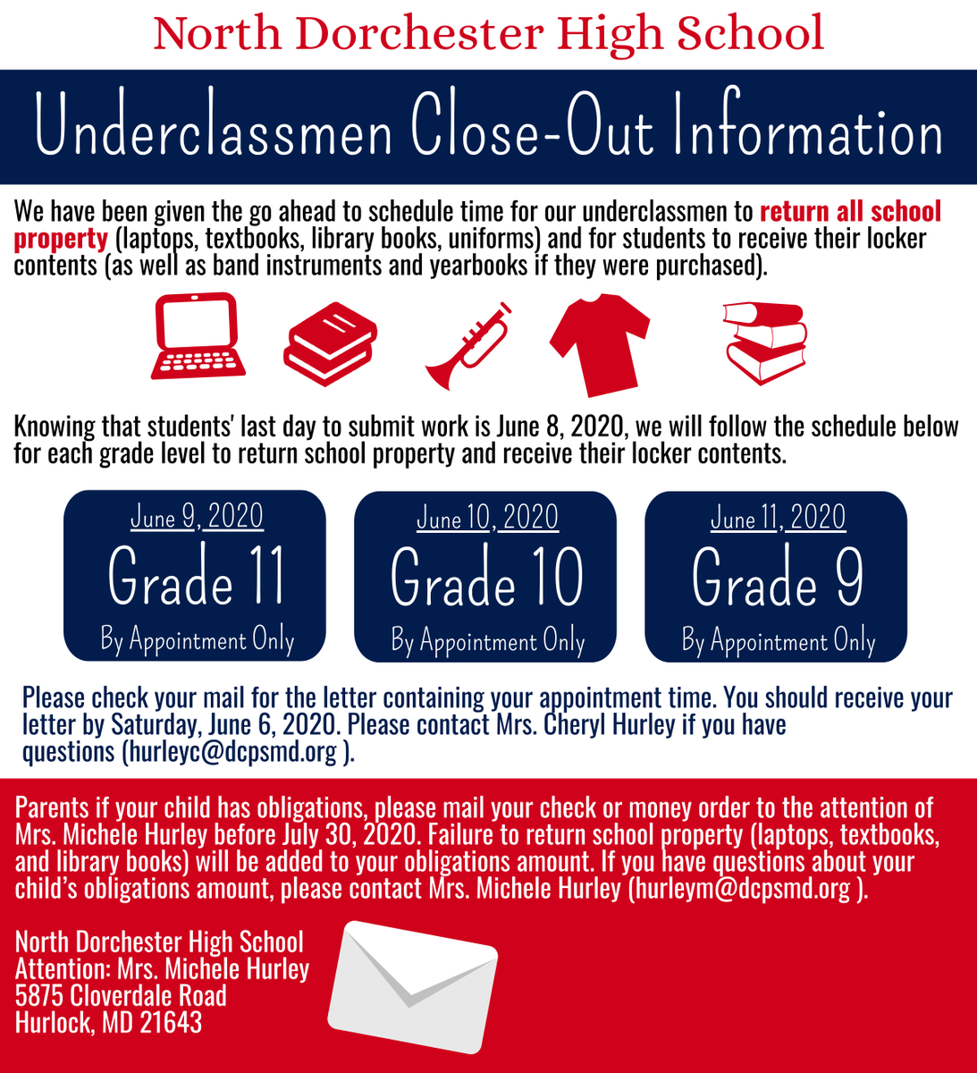 Underclassmen Close-Out Information📣

🦅Please check your mail for the letter containing your appointment time.  

🦅Contact Mrs. Cheryl Hurley if you have questions: hurleyc@dcpsmd.org