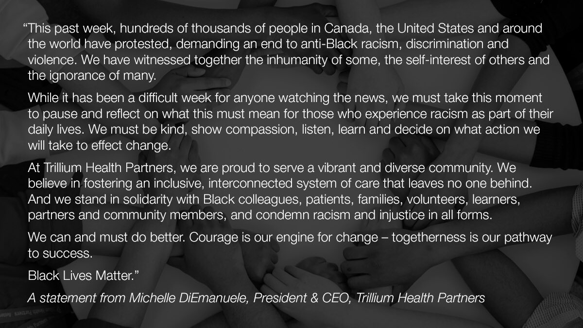THP_hospital's tweet photo. "We stand in solidarity with Black colleagues, patients, families, volunteers, learners, partners and community members, and condemn racism and injustice in all forms."

A statement from THP President &amp; CEO, @mdiemanuele. #BlackLivesMatter https://t.co/RwAnSIg1GC