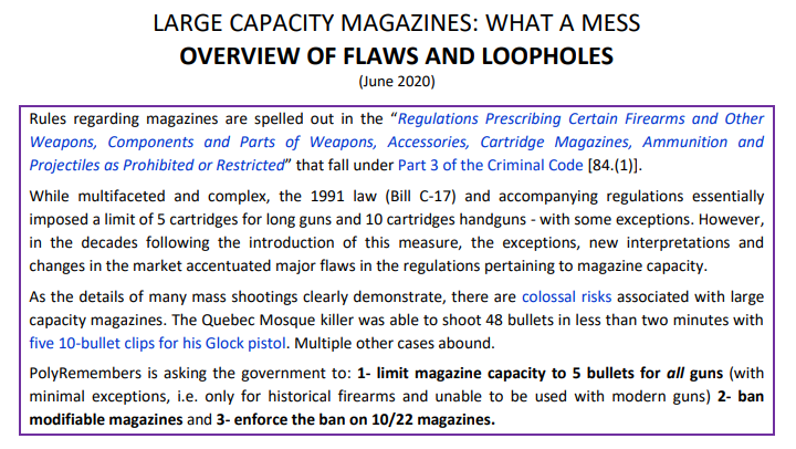 Polysesouvient's tweet image. WHAT A MESS: Overview of the smorgasbord of exemptions, exceptions, loopholes and enforcement issues with respect to the rules governing large-capacity magazines #BanAssaultWeapons #BanLargeCapacityMagazines #cdnpoli polysesouvient.ca/Documents/DOCU…