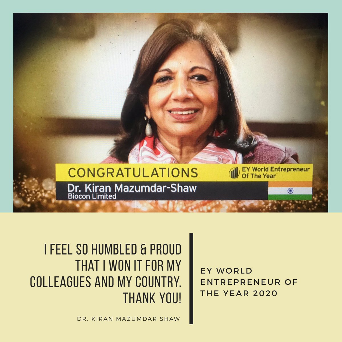 Thank You @EY_EOY for bestowing me with the 'EY World Entrepreneur Of The Year 2020' title. I am humbled by this recognition. 
#EOYIndia2019 #WEOY #WomenFastForward #Entrepreneurship